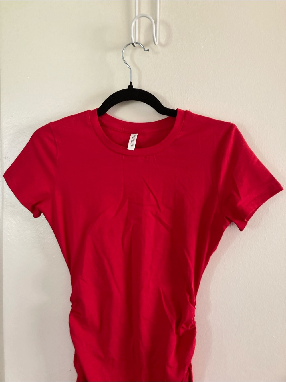 Ruched Red Midi Dress with Crew Neck - Picture 4 of 8